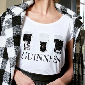 Guinness White Graphic Tee Two Way Sequins Ireland Beer T-Shirt Large Novelty‎